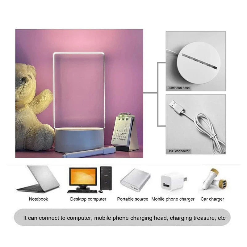Transparent LED Night Light with Erasable Message Board & Calendar - USB Luminous Acrylic Desktop Ornament